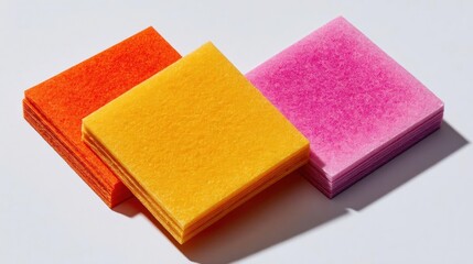 Fototapeta premium Three sponges of different colors - orange, yellow, and pink - stacked on top of each other on a white background.