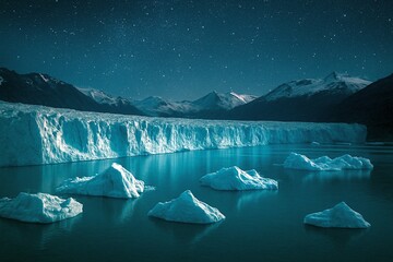 Starry Night Sky Over Massive Glacier and Floating Icebergs in Calm Turquoise Water with Snow Capped Mountains in Distance