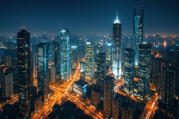 Illuminated skyscrapers rise majestically over a bustling metropolis at night with glowing streets and river reflections enhancing urban grandeur