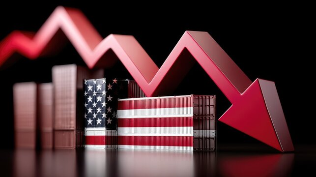 Economic decline is represented by a falling graph alongside shipping containers displaying the American flag in a dark setting - Powered by Adobe