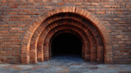 Archway made of red bricks. the archway is arched and appears to be made of a similar material, possibly brick or stone.