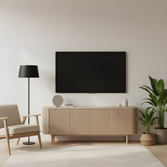 Minimalist Living Room Interior with Blank Black TV Screen Mockup Over Wooden Console