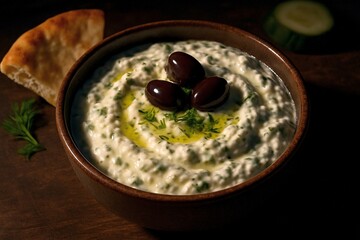 A creamy bowl of tzatziki garnished with fresh dill olive oil and three black olives sits beside a wedge of warm pita bread and cucumber slice