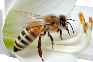 Honeybee extracts nectar from white flower, pollen visible