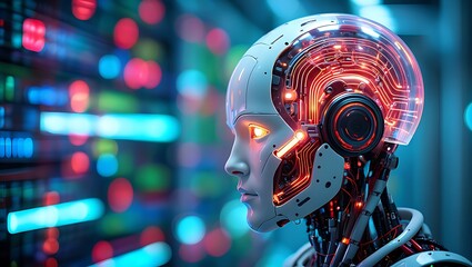 Futuristic humanoid robot with glowing circuits and advanced technology interface