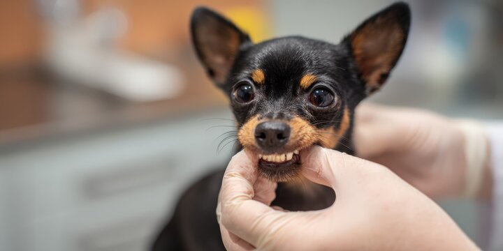 Veterinarian checking small dog's teeth during examination
