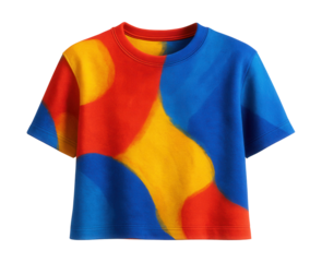 Cropped boxy tee featuring a vibrant abstract design in primary hues.