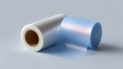 Fototapeta premium Two rolls of adhesive tape. the roll on the left is white and the one on the right is light blue. the rolls are rolled up and placed side by side on a plain grey background.