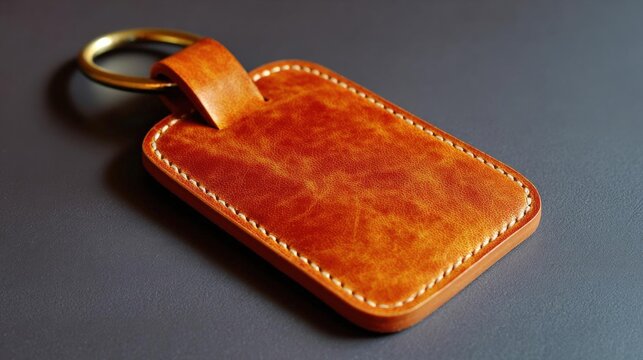 Close-up of a leather keychain. the keychain is rectangular in shape and has a gold-colored metal ring attached to it.