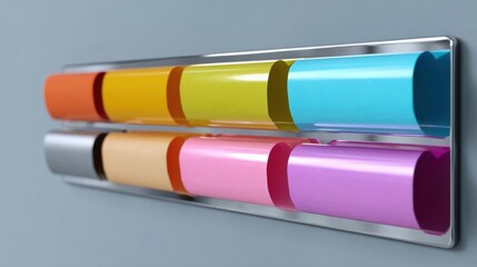 Rectangular metal shelf attached to a gray wall. on the shelf, there are six colorful tubes arranged in a horizontal line.