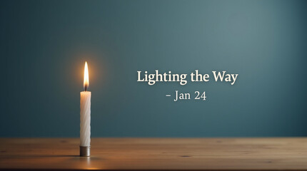 A single white candle burning brightly on a wooden surface against a blue background, with the text lighting the way jan 24 displayed, creating a serene and peaceful atmosphere