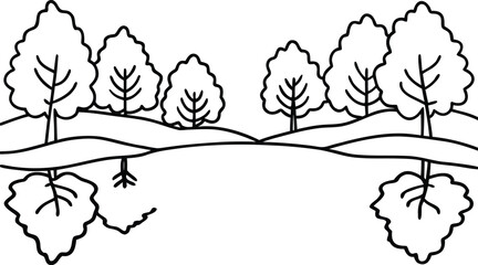 Obraz premium Stylized hand drawn outline of a forest landscape with mirrored reflections of trees and roots isolated on transparent background