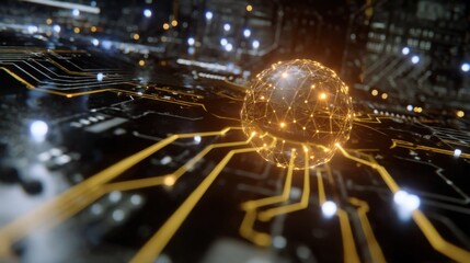A global data network, represented by a glowing sphere above a futuristic circuit board. Concept of AI and digital technologies.