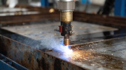 Плазменный резак автоматизированного станка разрезает толстый металлический лист. Сноп искр и яркое пламя. Индустриальное производство.