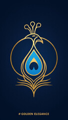 Stylized peacock illustration in elegant golden and blue colors on a dark background  , copy space