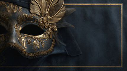 luxury venetian masquerade mask with gold feathers on dark background