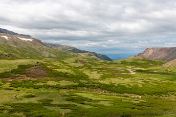 Fototapeta premium Beautiful scenery of a green grassy valley on summer cloudy day