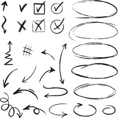 Pen hand-drawn checkmarks, ovals, and chalked arrows. Marker drawing of a vector doodle. Diagram symbols are drawn by hand using charcoal. Freehand red strikethrough underlining elements in grunge