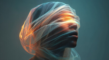 Person with veil revealing glowing eyes in artistic imagery