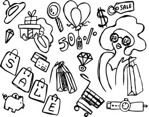 Hand-drawn sale and shopping symbols sketches in black and white style on white background with copy space