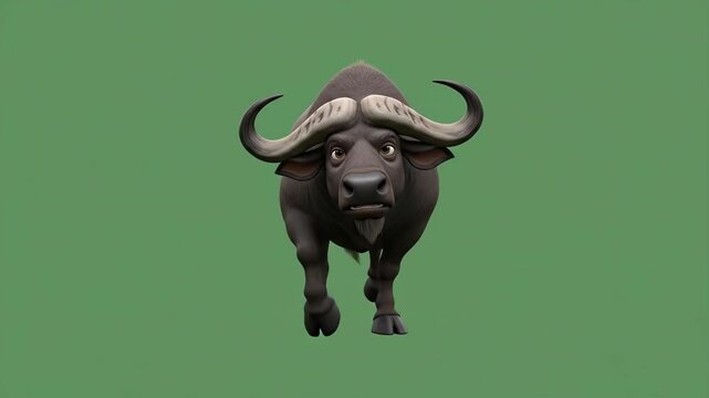 African Cape Buffalo Charging Towards Camera on Green Screen.