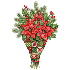 vibrant bouquet featuring red poinsettias, holly, and pine, wrapped in a decorative patchwork design. ,watercolor clip art isolated on white background