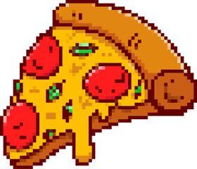Pixel art pizza slice isolated on white background. Vector illustration