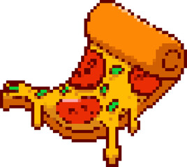 Pixel art pizza slice isolated on white background. Vector illustration