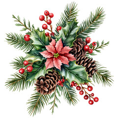 festive arrangement featuring holly, pinecones, and a vibrant poinsettia, the spirit of the holiday season. ,watercolor clip art isolated on white background