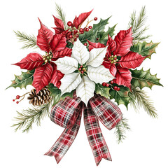 vibrant arrangement of red and white poinsettias, holly leaves, and pine, tied together with a decorative plaid ribbon. ,watercolor clip art isolated on white background