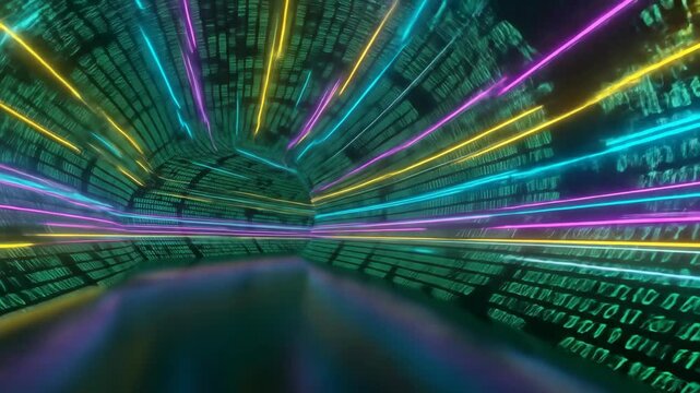 Abstract digital tunnel with binary code and neon lights backdrop
