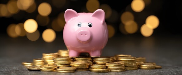 The piggy bank resting on gleaming coins represents smart savings and lasting financial success