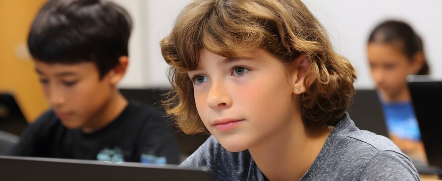 The lively middle school coding workshop features focused students programming on sleek laptops.