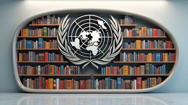 The united nations emblem is displayed in front of a bookshelf filled with books, symbolizing the organizations commitment to knowledge, diplomacy, and global cooperation
