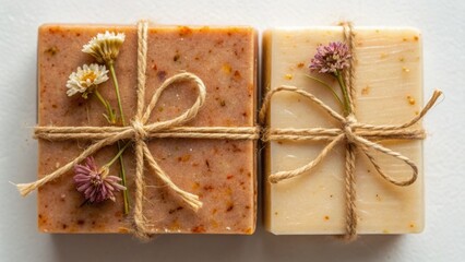 Two artisanal soap bars tied with twine and adorned with small flowers, presenting a rustic and natural aesthetic.