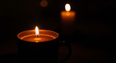 Burning candle in darkness warm glow and ambient lighting