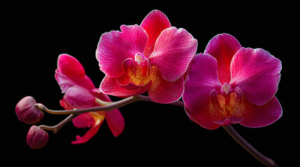 Obraz premium A vibrant spray of magenta orchids in full bloom set against a stark black background creates a striking contrast. Beauty in simplicity. Floral elegance.