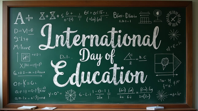 A green chalkboard with the words international day of education written in white chalk, surrounded by mathematical equations and symbols, creating a visually engaging and educational backdrop
