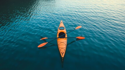 Vibrant orange kayak gliding through serene blue waters at sunset near a tranquil lake Generative AI