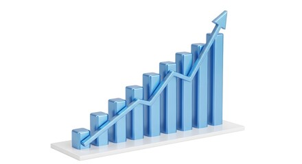 Bar chart volumetric 3d with rising arrow showing financial growth. Business success statistics. Data visualization for stock market on white background