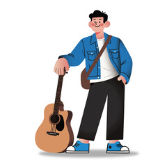 A man holding a guitar in a cartoon vector