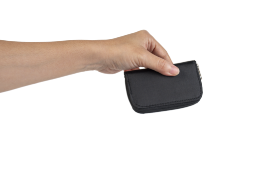 Black zippered bag in hand on transparent background