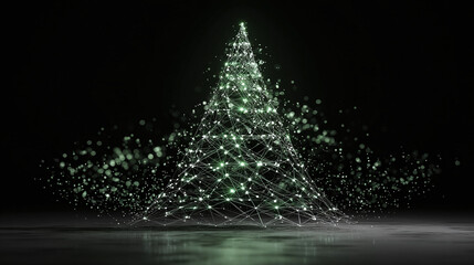 A digital Christmas tree glows with soft green lights, constructed from interconnected lines against a dark backdrop, sparkling with bokeh.