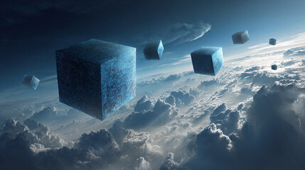 Floating digital cubes over the clouds, suggesting advanced technology or virtual reality. Blue hues & cloudscape offer surreal futuristic feel.