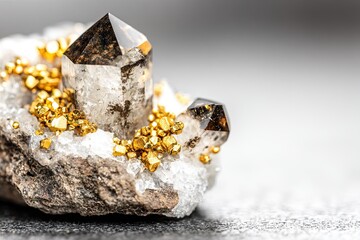 Quartz crystals with golden pyrite on rough rock matrix