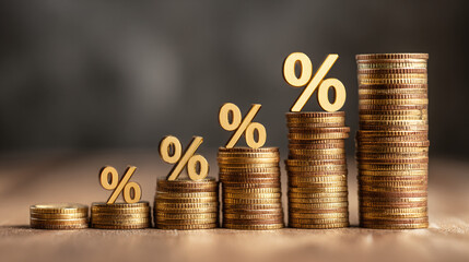 Growth visualization with ascending stacks of coins topped with percentage symbols. A graphical representation of investments and returns.