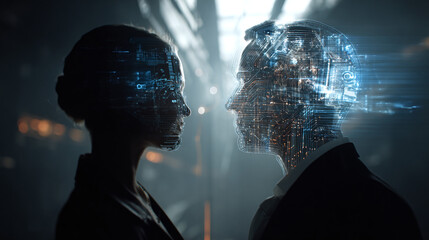 Two individuals face each other, their profiles overlaid with intricate digital circuitry, symbolizing connection and advanced technology.