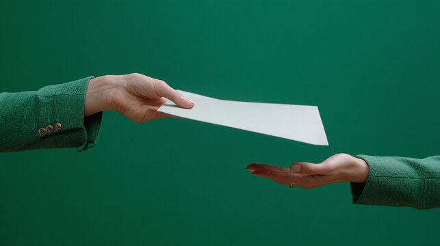 Transfer of responsibility is depicted with hands exchanging a document against green, signifying transition in business or legal matters.