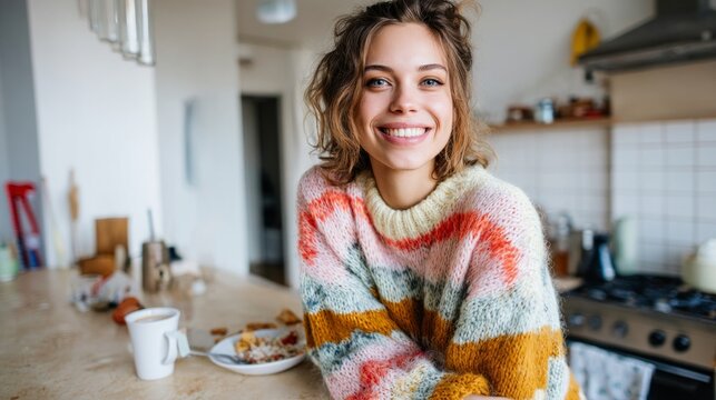 Woman in kitchen smiling at camera. - Powered by Adobe