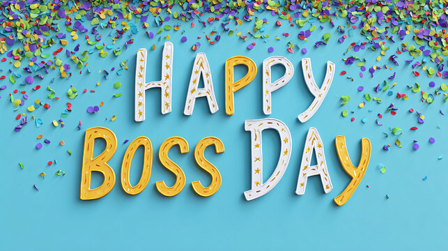 Festive 'Happy Boss Day' wishes surrounded by vibrant confetti against a blue backdrop create a cheerful atmosphere of appreciation and celebration.